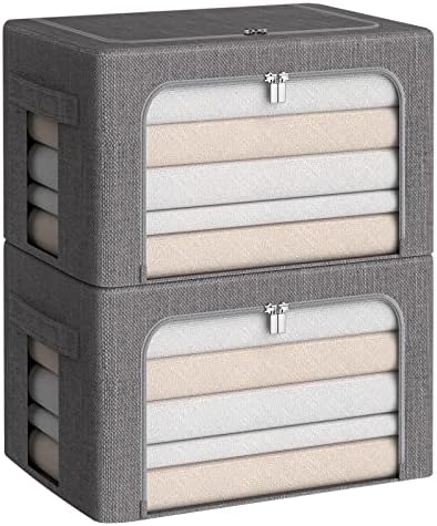 CYhom Clothes Storage Bins Box - Linen Fabric Foldable Stackable Container Organizer Set with Clear Window & Carry Handles & Metal Frame (Dark Gray, Medium-36L) by CYhom