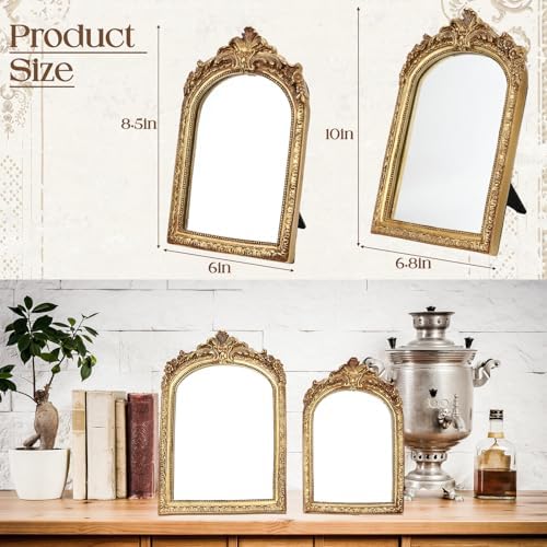 2 Pcs Small Gold Mirror Vintage Decorative Wall Mirror 10 x 6.8 and 8.5 x 6 Inch Desk Makeup Mirrors Antique Hanging Mirrors with Stand for Bedroom Living Room Dresser Victorian Decor - Image 3
