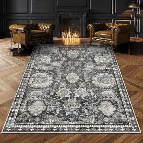 RUGSURE 5x7 Washable Area Rugs - Perfect Resistant Rug for Living Room, Bedroom, Kids Room, Nursery - Stain & Water Resistant Non-Slip, Pet & Child Friendly, Vintage Tribal Area Rugs (Grey, 5'x7') by RUGSURE