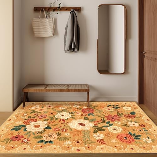 DUKINO 4x6 Area Rug, Floral Washable Rug Non Slip Office Chair Mat, Orange - Image 5