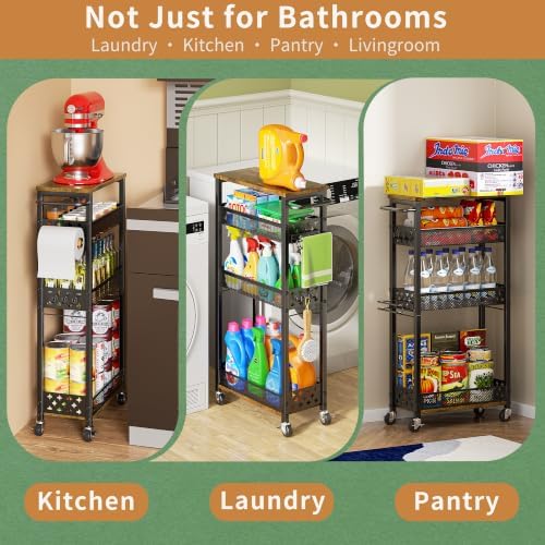 OKZEST Slim Bathroom Organizers and Storage Cart with Toilet Paper Holder - Image 6