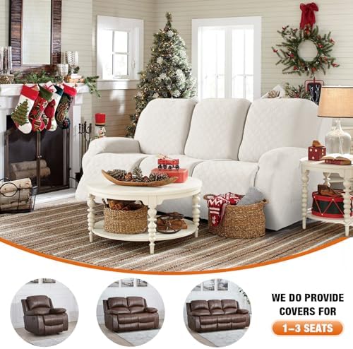 VANSOFY Stretch Recliner Couch Cover, Slipcover, Off White, 3 Seater - Image 3