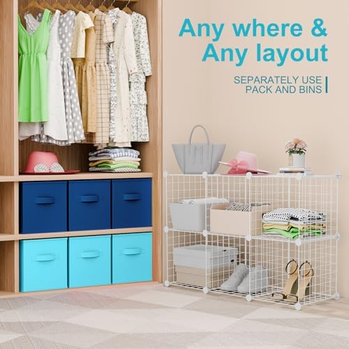 Leinuosen 6 Cube Storage Organizer with 6 Foldable Fabric Storage Bins, Metal Wire Grid Shelves, Stackable Modular Closet Organizer for Bedroom Living Room Office Toys Books(White,Blue) - Image 5