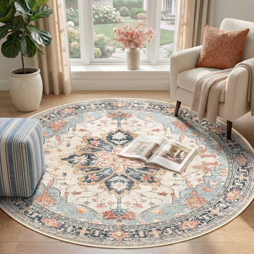 RELEANY Washable Area Rug, Round 4ft, Beige/Blue/Orange - Image 2