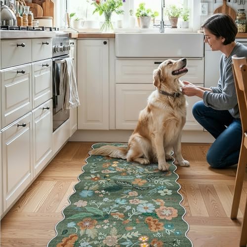 2x5 Washable Kitchen Area Rug: Floral Scalloped Entryway Runner Farmhouse Non-Slip Floor Carpet for Hallway Bathroom Soft Comfort Tile/Hardwood Floors Protection Mat Cute Home Decor(2x5, Floral/Green) - Image 6