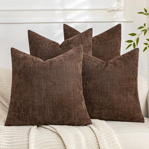 Set of 4 Soft Textured Decorative Throw Pillow Covers 24x24 Inch Cozy Farmhouse Cushion Cover Square Accent Pillow Cases for Bed Couch Sofa Living Room, Dark Brown by Cozoomy
