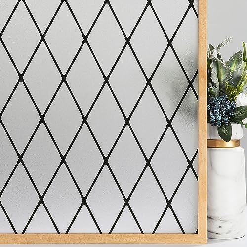 VELIMAX Frosted Black Lattice Window Film Static Cling Window Privacy Films Decorative Glass Vinyl Film for Windows Removable Sun Blocking Anti-UV 17.7x78.7 inches by VELIMAX