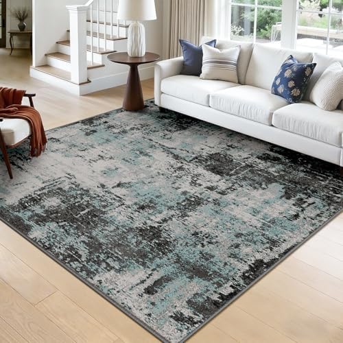 RELEANY Washable Square 8'x8' Area Rug for Living Room Teal Black by RELEANY