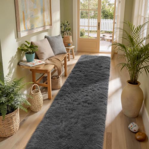 Ophanie Runner Rug for Hallway,2.5x12 Washable Non-Slip Fluffy Soft Bedside Rugs,Bedroom Living Room Shaggy Carpet for Kids Girls Boys Dorm Nursery Decor Aesthetic, Grey with Over 99 pcs Pile fibers - Image 5