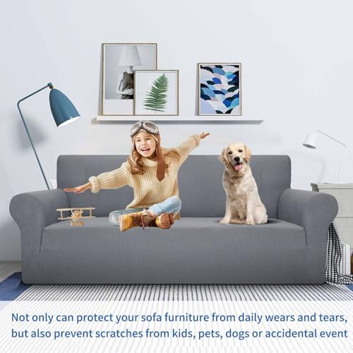 MAXIJIN Super Stretch Couch Cover for 3 Cushion Couch, 1-Piece Universal Sofa Covers Living Room Jacquard Spandex Furniture Protector Dogs Pet Friendly Fitted (Large, Light Gray) - Image 2