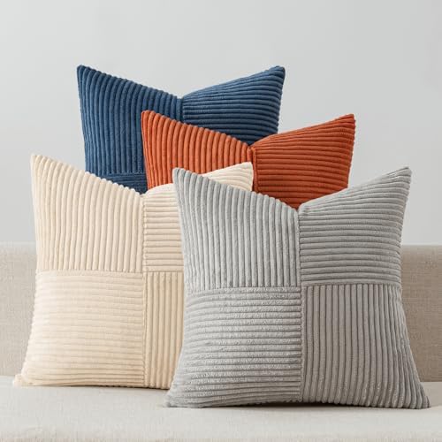 MIULEE Blue Rust Throw Pillow Covers 18x18 Inch Set of 4 Boho Farmhouse Cushion Cases Soft Corduroy Nordic Corduroy Pillow Cases Patchwork Home Decor for Couch Sofa Bedroom by MIULEE