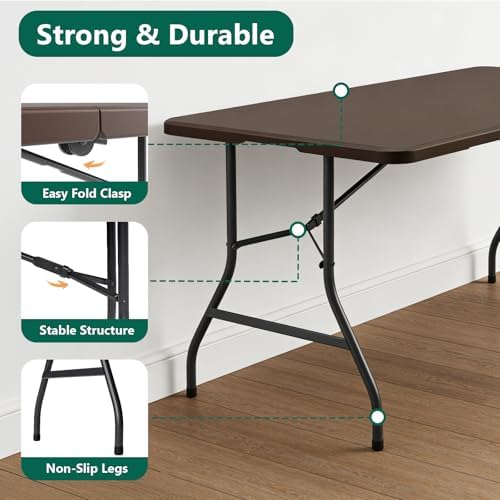 Folding Table 5FT Heavy Duty Plastic Table with Handle, Foldable&Portable, Fold-in-Half Utility Tables for Outdoor, Dining, Wedding, Events, Indoor, Picnic, Camping, Party, Brown - Image 5