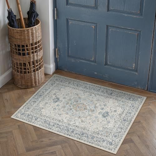 2x3 Washable Area Rug Navy Blue Non Slip Vintage Carpet by WondRg