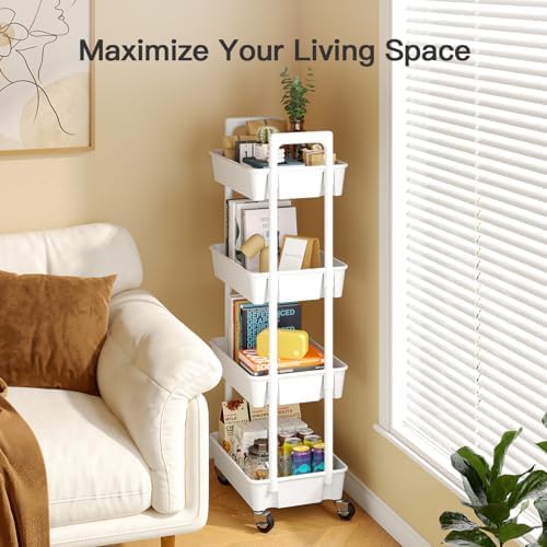 Pipishell 4 Tier Rolling Cart Organizer, Plastic Rolling Cart with Lockable Wheels & Reinforced Handle, Lightweight Utility Storage Cart for Nursery, Kitchen, Craft Room, White - Image 5