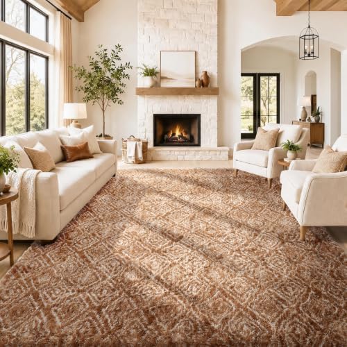 Ophanie 9x12 Brown and White Diamond Striped Rugs for Living Room,Large Fluffy Shag Fuzzy Plush Soft Carpets,Shaggy Rug for Bedroom,Carpet for Kids Boys Girls Dorm Decor with Over 99 pcs Pile fibers by Ophanie