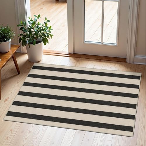 Black and White Striped Outdoor Rug - 2x3 Non-Slip Front Door Mat by Othilic