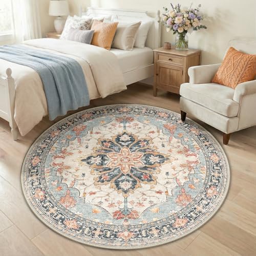 RELEANY Washable Area Rug, Round 5ft, Beige/Blue/Orange - Image 2