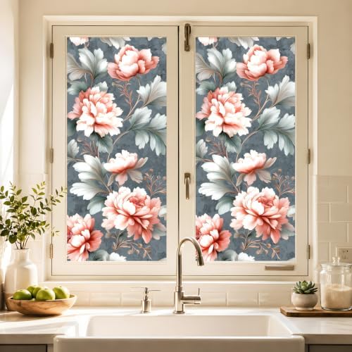 Vintage Floral Window Film, Decorative Static Cling Window Privacy Static Cling, 17.5 x 39.4 Inch Removable No Glue Window Film for Bathroom Bedroom Office - Image 2