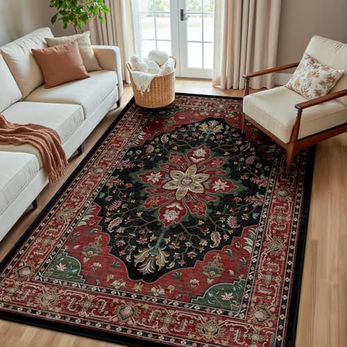 RELEANY Washable Area Rug, 5'x8', Red/Black by RELEANY
