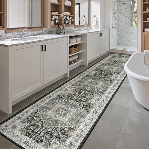 Madane Washable Runner Rugs 2x10 for Hallway Kitchen Grey Green/Black Olive by Madane
