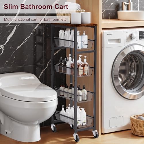 Slim Rolling Cart, 4-Tier Storage Cart, 9.1inch Narrow Kitchen Rolling Cart on Wheels for Small Space, Utility Cart Shelving Unit with Wooden Top and Metal Handle for Kitchen, Bathroom, Laundry Room - Image 7