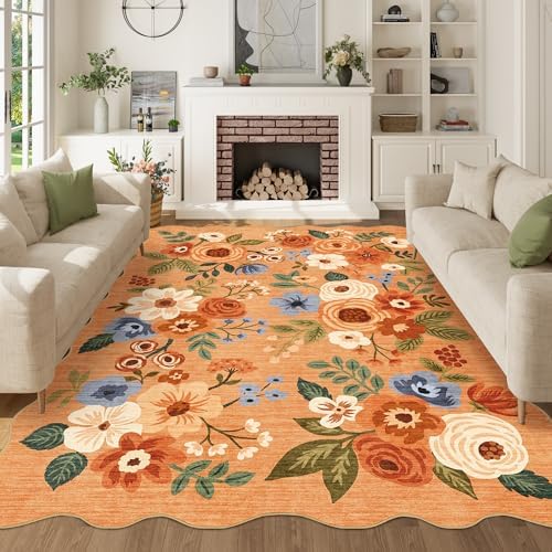DUKINO 5x7 Area Rugs for Bedroom, Floral Washable Rug Non Slip, Orange by DUKINO