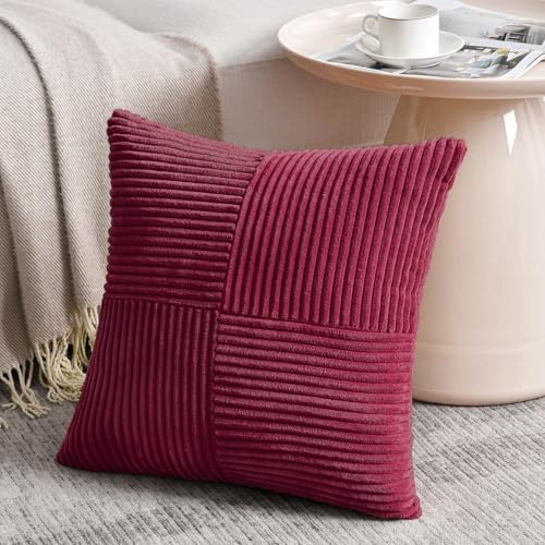 Fancy Homi 2 Packs Burgundy Decorative Throw Pillow Covers 22x22 Inch for Living Room Couch Bed Sofa, Rustic Farmhouse Boho Home Decor, Soft Corss Corduroy Patchwork Accent Cushion Case 55x55 cm - Image 2