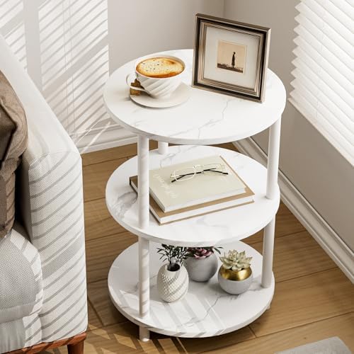 XBurmo Round Coffee Table for Living Room - Narrow Side or Bedside Stand, Industrial Vintage Nightstand for Bedroom, or Small Spaces, Marble White by XBurmo