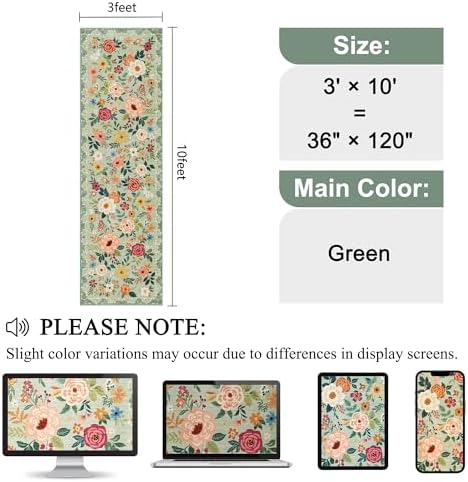 DUKINO 3x10 Runner Rug, Floral Washable Kitchen Runner Rug Non Slip, Green - Image 2