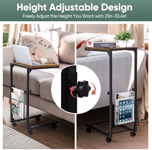 C Shaped Side Table Small End Table with Wheels Slide Under Couch Table for Sofa C Table with Metal Frame Adjustable Height Sofa Table for Living Room Bedroom Small Space, Rustic Brown - Image 6
