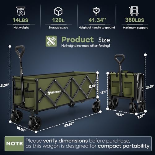 HIKEMOON 34'' Extra Long Folding Portable Wagon Cart, 120L 360LBS Green - Image 4