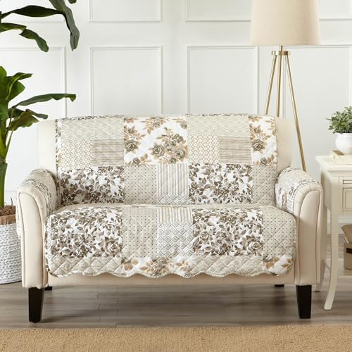 Great Bay Home Reversible Patchwork Loveseat Cover - Washable Slipcover Furniture Protector with Elastic Straps - Perfect for Kids & Pets - Box-Stitched Detail (Taupe) - Image 2
