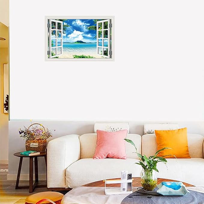 ‌Lmyhome Fake Window Wall Mural Blue Sky Ocean Beach (16"x24") | Peel and Stick Faux Window Wall Sticker Decal Poster for Bedroom Home Decor - Image 2