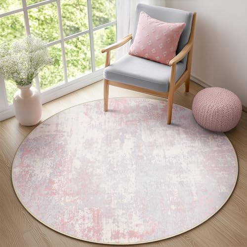 RELEANY Washable Round 6ft Area Rug for Living Room Gray Pink - Image 2
