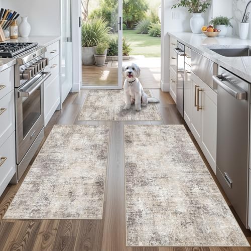 Kitchen Mats for Floor 3 Piece Set,Non-Slip Washable Kitchen Mats for Hardwood Floor, Boho Farmhouse Runner Rug for Sink,Entryway & Hallway & Bathroom (Brown Grey Beige, 2x3+2x4+2x5) by BYYVOORugsforYourHome