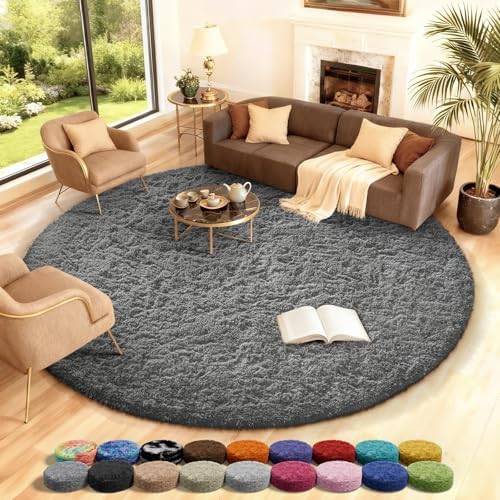 Ophanie Round Rug 8Ft Grey Circle Area Rugs,Large Fluffy Fuzzy Living Room Carpet 8 feet,Plush Shag Solid Indoor Floor Gray Bedroom Circular Decor for Kids Teen Boys Baby,with Over 99 pcs Pile fibers by Ophanie