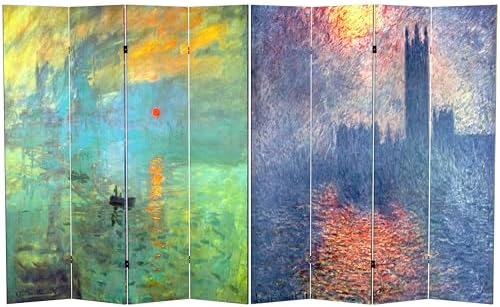 Red Lantern Double Sided Works of Monet Canvas Impression Sunrise/Houses of Parliament Room Divider, 6 ft Tall - 4 Panel, Multi Color by RedLantern
