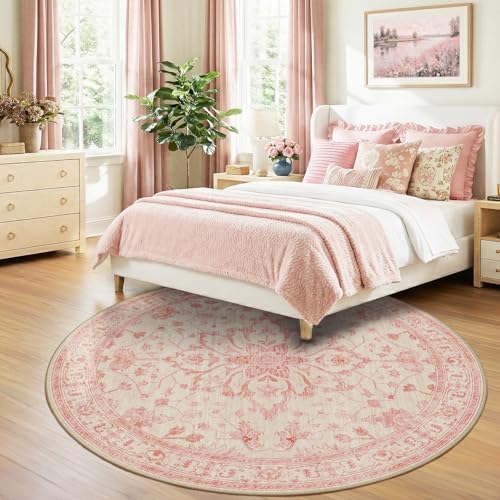 RELEANY Washable Area Rug, Round 8ft, Pink/Light Vintage Pink - Image 3