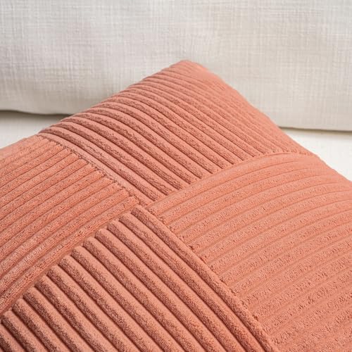 Fancy Homi 2 Packs Coral Decorative Throw Pillow Covers 18x18 Inch for Living Room Couch Bed, Rustic Farmhouse Boho Home Decor, Soft Corss Corduroy Patchwork Textured Peach Cushion Case 45x45 cm - Image 3