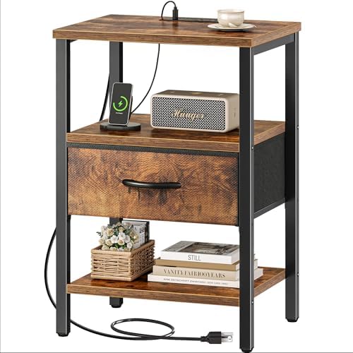 SUPERJARE Nightstand with Charging Station, Bed Side Table with Adjustable Fabric Drawer, Night Stand for Bedroom, 3-Tier Storage End Table, for Living Room, Rustic Brown by SUPERJARE