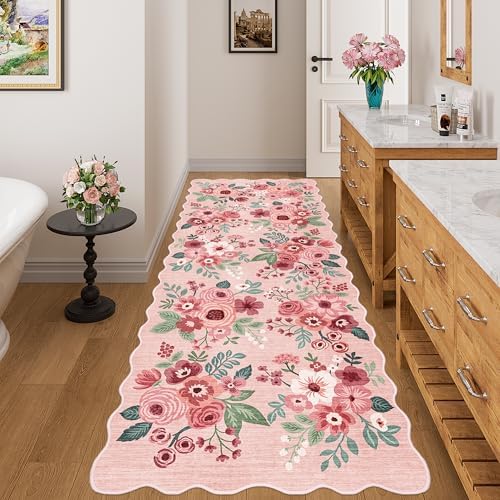 DUKINO 3x8 Kitchen Runner Rug, Soft Floral Washable Rug for Hallway, Pink - Image 3