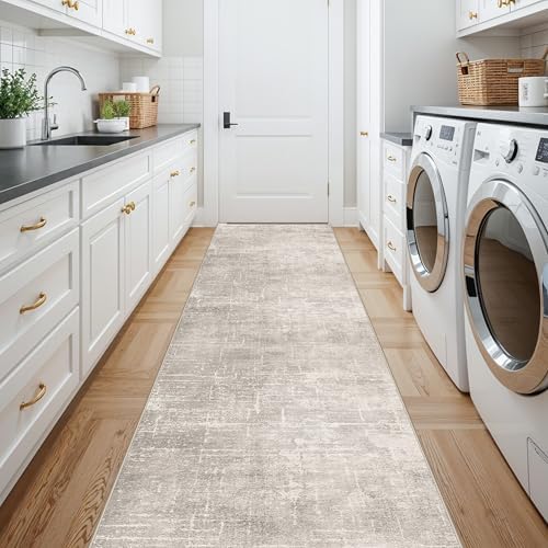 Hallway Washable Runner Rug - 2'6x14 Kitchen Rugs Stain Resistant Entryway Area Rug Abstract Soft Floor Mat Non-Slip Indoor Farmhouse Carpet for Bathroom Living Room Bedroom(2'6x14,Beige/Cream - Image 5