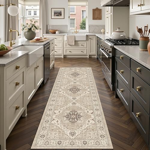 Washable 2x7 Hallway Runner Rug, Vintage Non-Slip Low Pile Rugs Beige by Winslssol