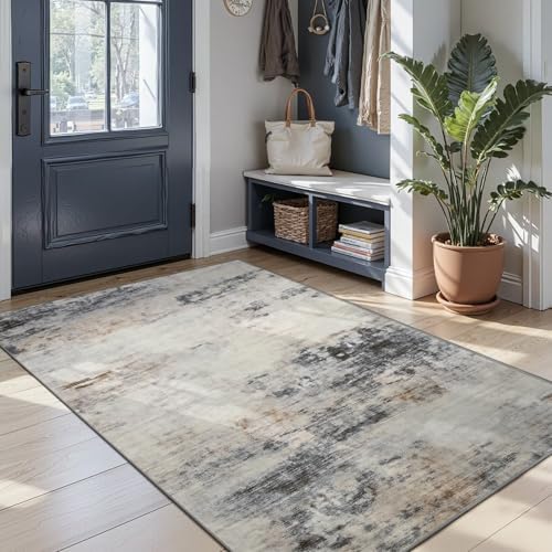 Toneed 4x6 Washable Non Slip Area Rugs for Bedroom Living Room, Grey/Brown - Image 3