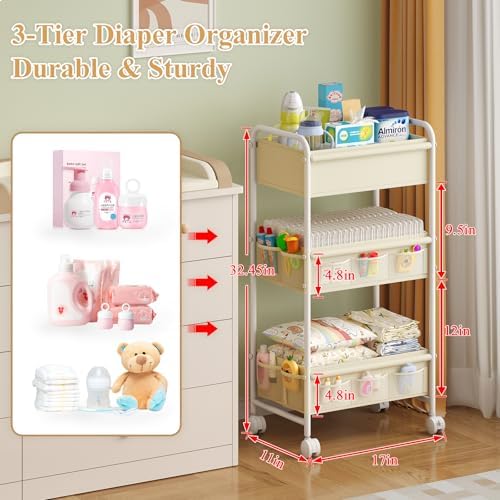 3-Tier Baby Diaper Caddy Cart Organizer,Mobile Nursery Storage Carts with Wheels,With 2 Dividers&14 Mesh Pockets Durable Metal Utility Cart for Nursery, Bedroom, Bathroom, Baby Essentials Organization - Image 2