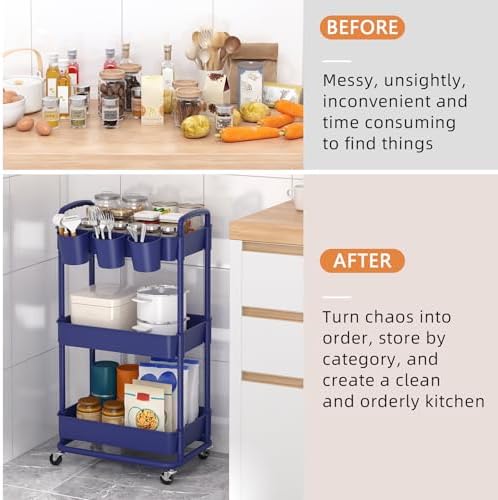 JIUYOTREE 3-Tier Plastic Rolling Storage Cart Utility Cart Blue - Image 5
