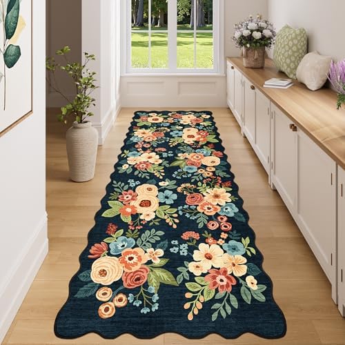 DUKINO 3x8 Kitchen Runner Rug, Floral Washable Rug for Hallway, Navy Blue by DUKINO