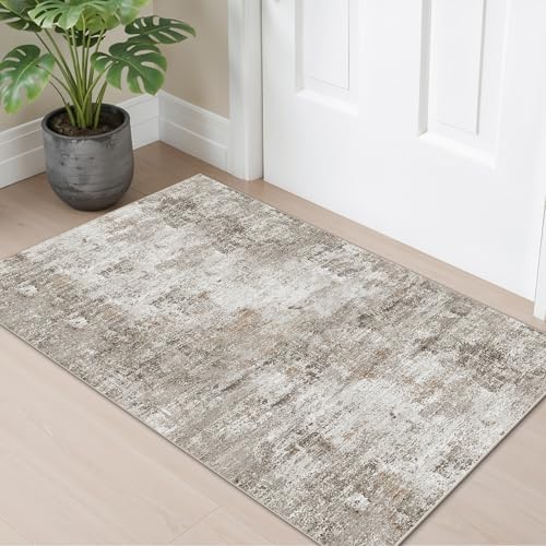 2x4 Washable Entryway Area Rug - Non-Slip Modern Small Indoor Mat for Bathroom,Living Room,Bedroom - Abstract Neutral Soft Low-Pile Throw Carpet with Rubber Backing (Beige Grey) - Image 3