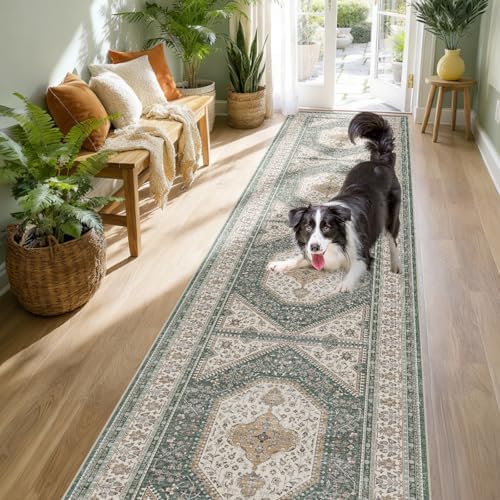 Puino 2x10 Washable Hallway Runner Rug - Non-Slip Vintage Rugs Green Beige by Puino
