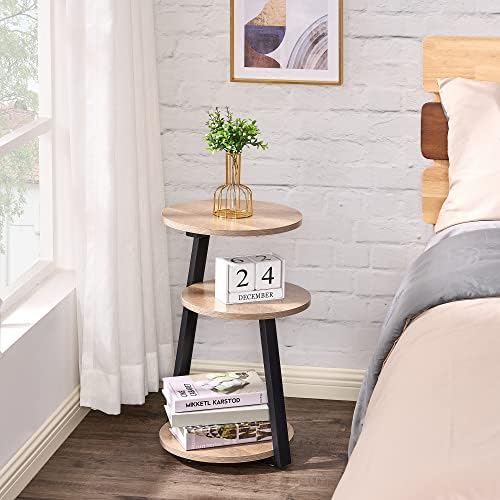BEWISHOME Small Round Side Table, End Table with Storage Shelves, Greige - Image 2